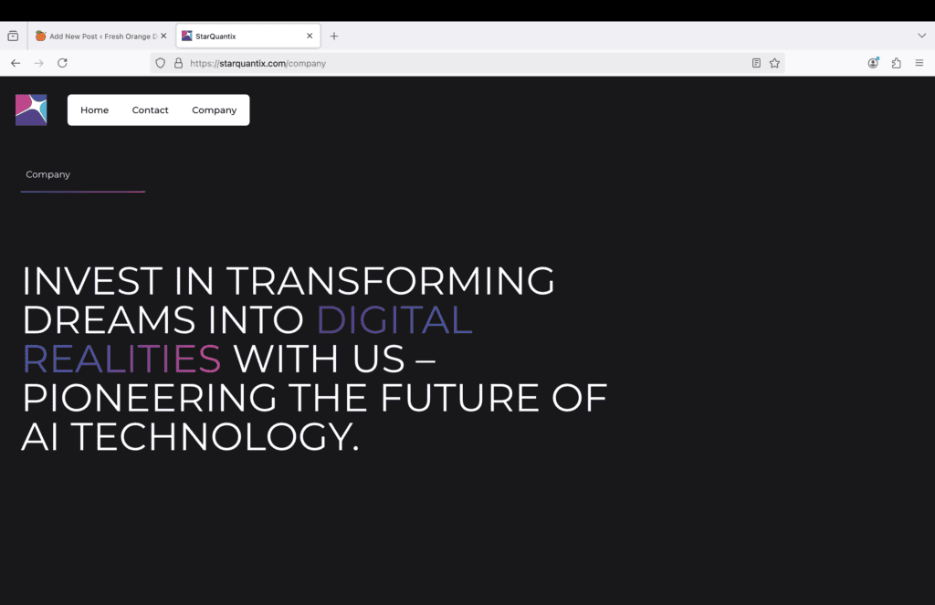 Full size page with a dark background, white fonts and highlighted text with a colorful gradient.